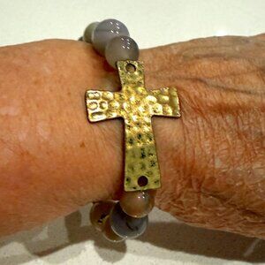 Chalcedony Stone Bracelet with Metallic Cross